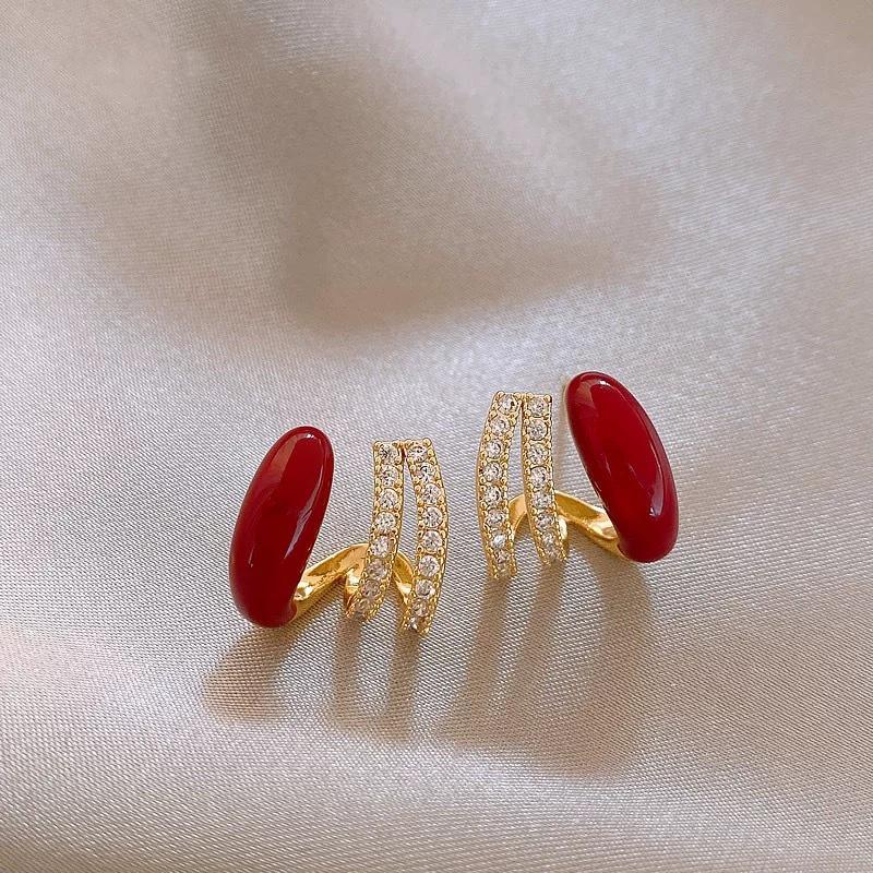 Ankela Red Rhinestone Retro Stud Earrings: Trendy, High-End, Versatile Winter Accessories
