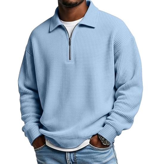 Men Sweatshirt Waffle Fabric Texture Long Sleeve Zipper Half Opening Classic Lapel Pullover Tops Solid Color Loose Fit Casual Sport Tops