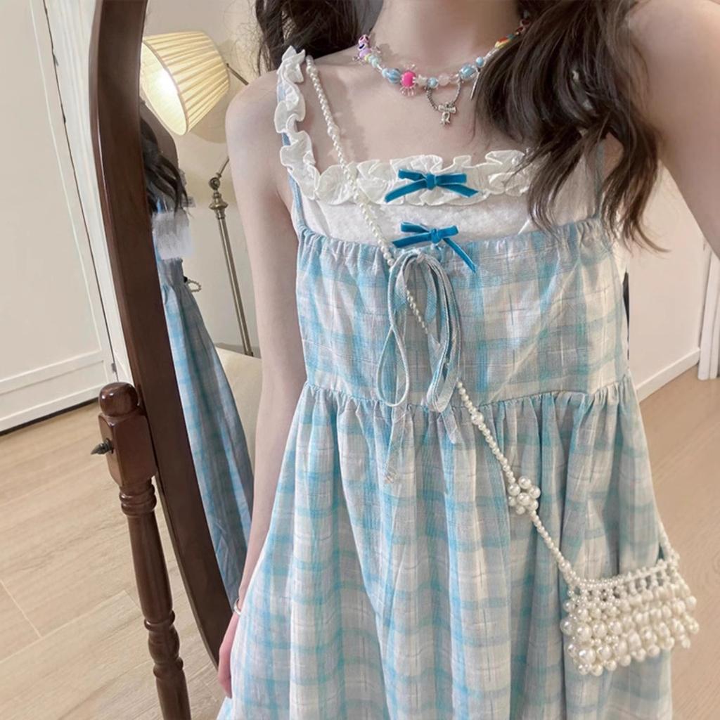 Salt Girl Super Good-looking Fake Two-piece Dress Summer Casual Plaid Sweet Little Man Wearing Suspender Skirt Woman