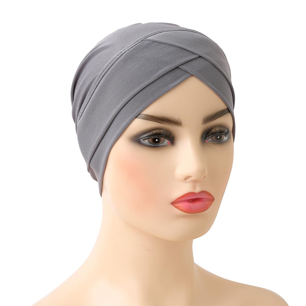 H117 Forehead Criss Cross Muslim Turban Pure Color Stretch Inner Hijabs For Caps Ready To Wear Women Head Scarf Under Bonnet