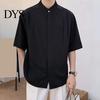 Formal Men Shirt Summer Stand Collar Ice Silk Solid Color Pleated Loose Fit Everyday Top Cardigan Half Sleeves Mid Length Casual Business Mature
