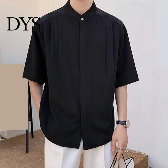 Formal Men Shirt Summer Stand Collar Ice Silk Solid Color Pleated Loose Fit Everyday Top Cardigan Half Sleeves Mid Length Casual Business Mature