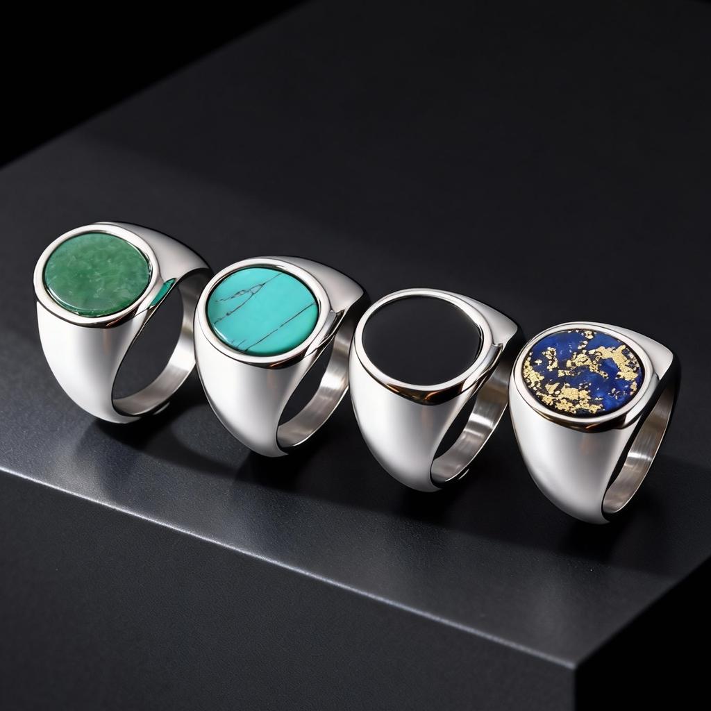 Trendy Classic Natural Stone Ring, Stainless Steel Round Signet Ring for Men Luxury Waterproof Jewelry Size 7-12