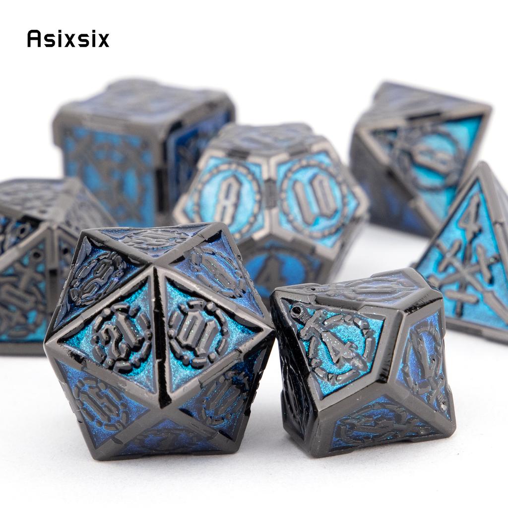 7 Pcs Blue Silver Double Swords Metal Dice Solid Polyhedral Dice Set Suitable for Role-Playing RPG   Pathfinder Board Game