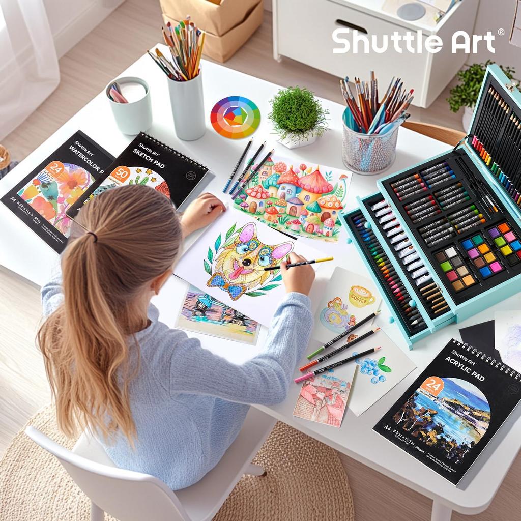 Shuttle Art Drawing Set 202 Pieces Art Supplies Colored Acrylic Solid Drawing Coloring Watercolor Pencil Drawing Palette Brushes Included Storage Box