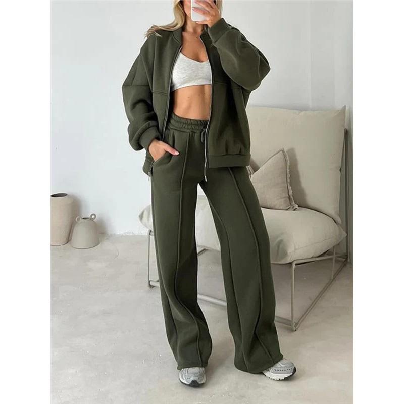 Women's 2 Piece Casual Tracksuit Zip Up Bomber Jacket And Elastic Waist Wide Leg Pants Loungewear Set