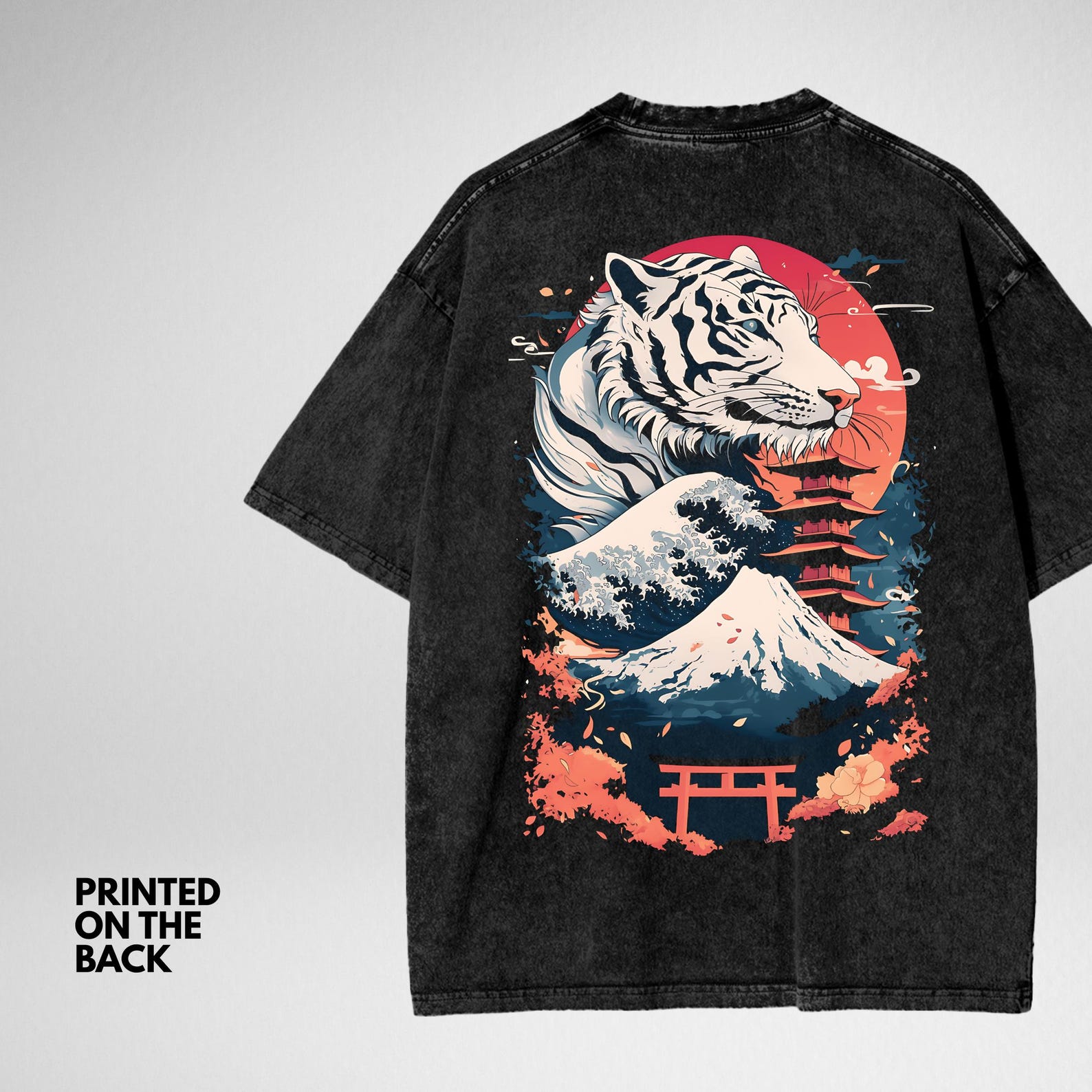 PREMIUM Japanese White Tiger Streetwear Oversize Snow Washed T-Shirt, UNISEX, Japanese Fashion, Aesthetic, Colorful Tshirt, High Quality Tee S