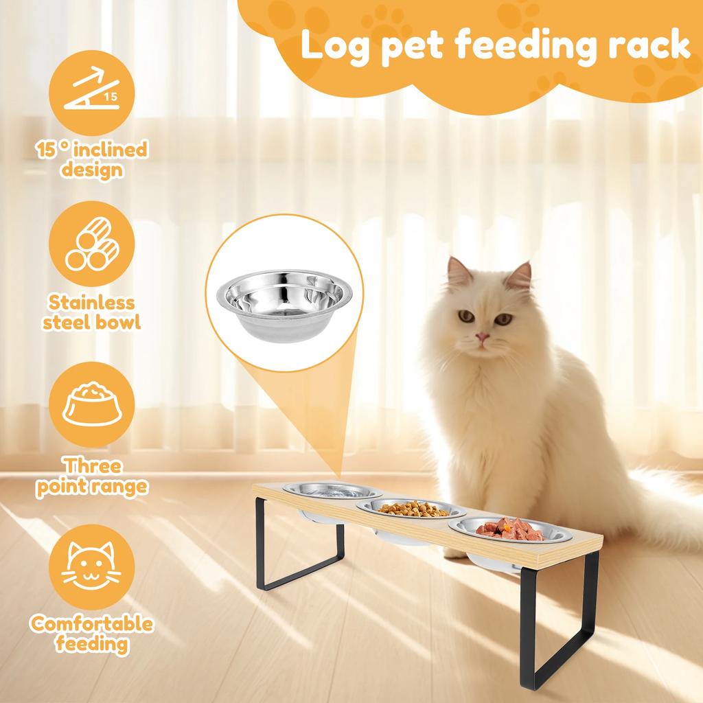 Elevated Cat Bowls Wood Cat Bowl Stand 15° Inclined Elevated Cat Food Feeder Stainless Steel Pet Bowl Feeding Container for Cat