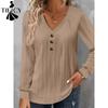 Blusas y camisas con cuello en V de manga larga con estampado de Color sólido informal a la moda para mujer
