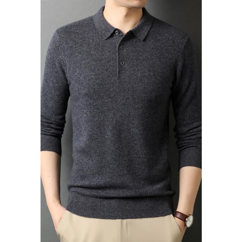 Pure Wool Autumn Sweater Men's Lapel Long Sleeve Thin Cashmere Sweater Men's Trend Base