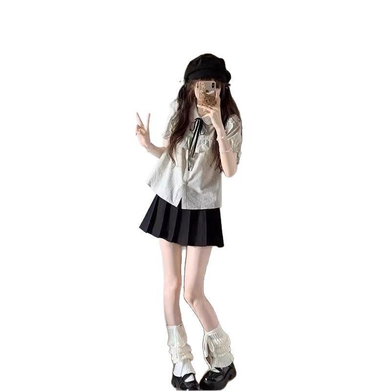 Women's Preppy Gray Striped Ruffle Puff Sleeve Two-Piece Set: Short-Sleeve Top and Skirt