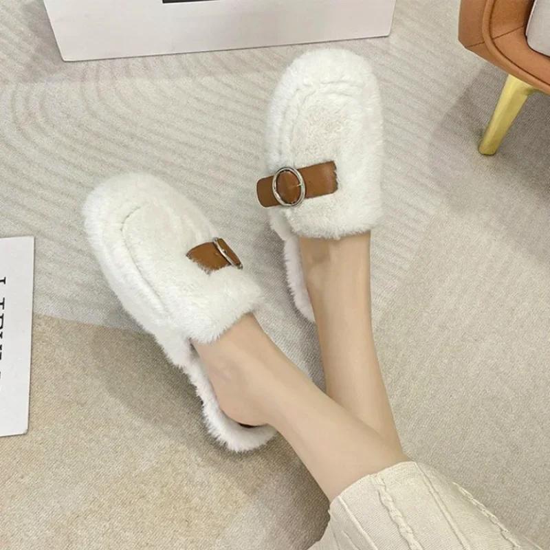 Slippers Casual Flock Med Shoes Platform Fur Flip Flops Cover Toe Slipers Women Slides Luxury Plush Flat 2024 Rubber  with fur