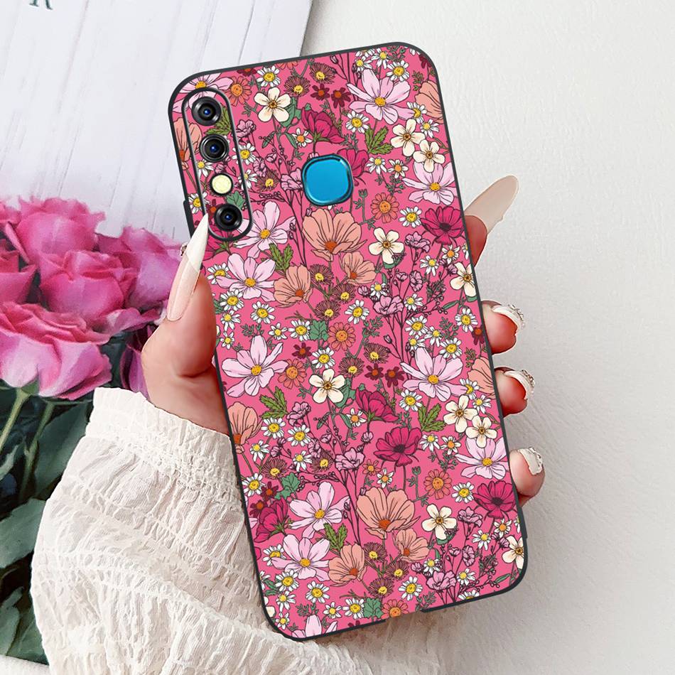For Infinix Hot 8 Phone Case Hot 8 Lite Hot8 X650 X650C X650B X650D Elegant Floral Cat Pattern Black Silicone Soft TPU Cases