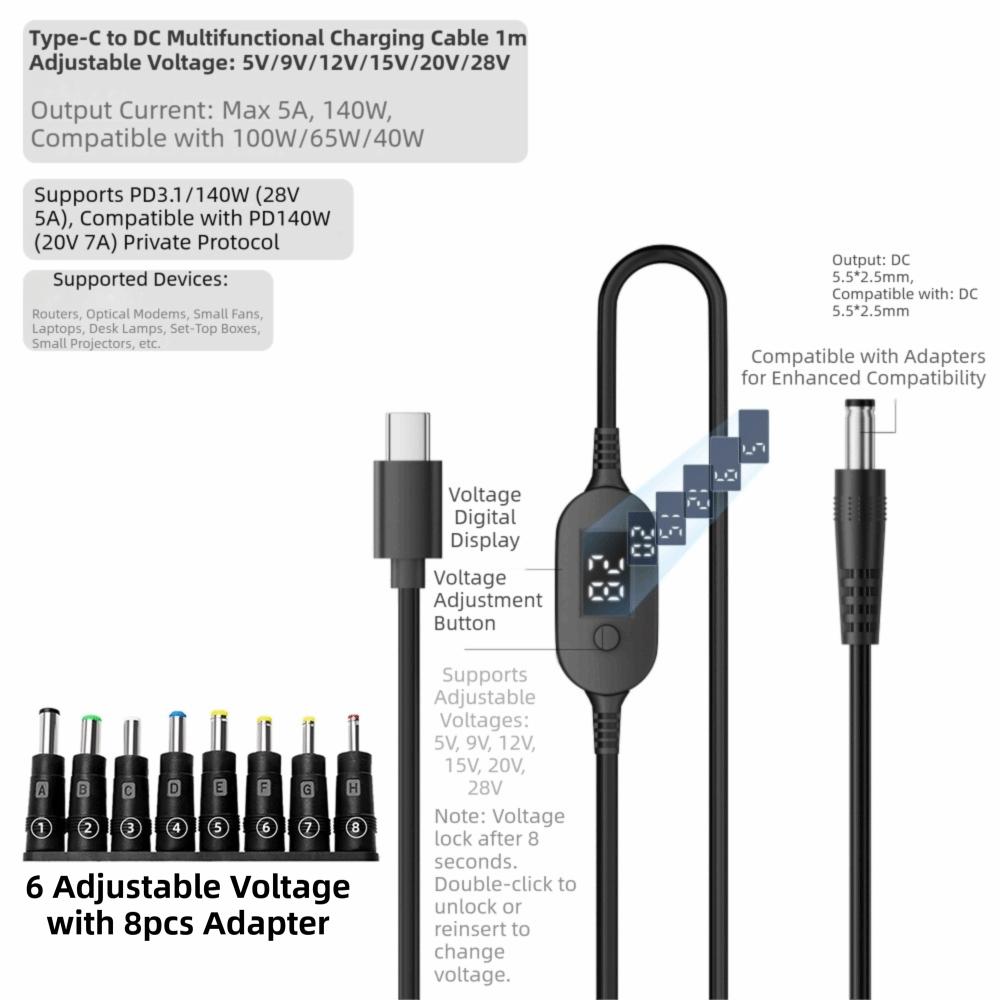 Digitales Display USB C auf DC 5525 Konverter 5V/9V/12V/15V/20V mit 28/34 Anschlussspitzen Typ-C zu DC Stromkabel