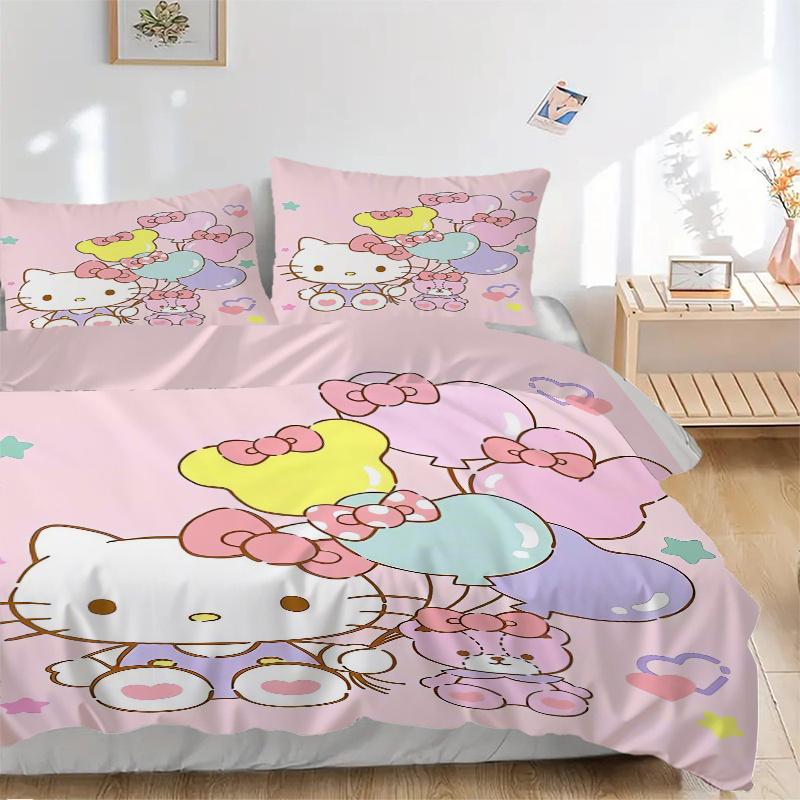 3pcs Bear Balloon & Hello Kitty Sanrio Print Bedding Set (1 Cover + 2 Pillowcases, Without Inserts), Soft and Comfortable W007