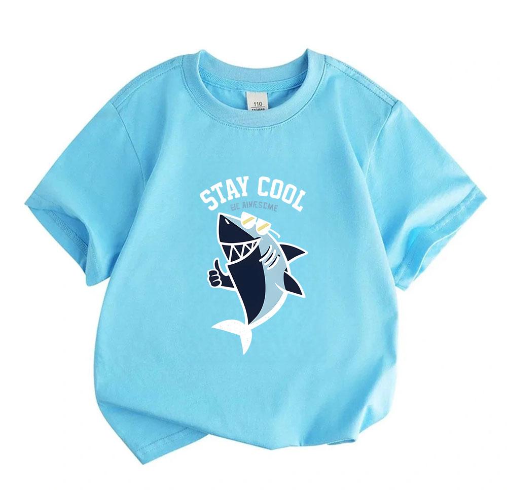 Kids Boys Girls 100% Cotton Crew Neck Short Sleeve T-Shirt, Cool Shark Print Stay Cool Be Awesome Casual Soft Lightweight Summer Tee for Children Dail