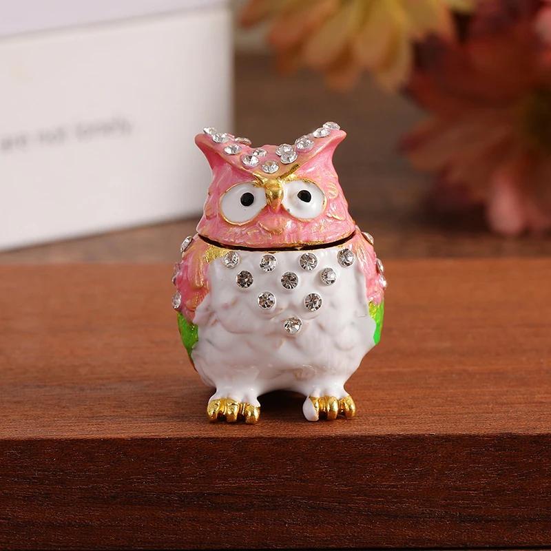 1pc Colorful Rhinestone Owl Jewelry Box, Enamel Mini Box, Exquisite Desktop Ornament Storage Box For Jewelry Storage