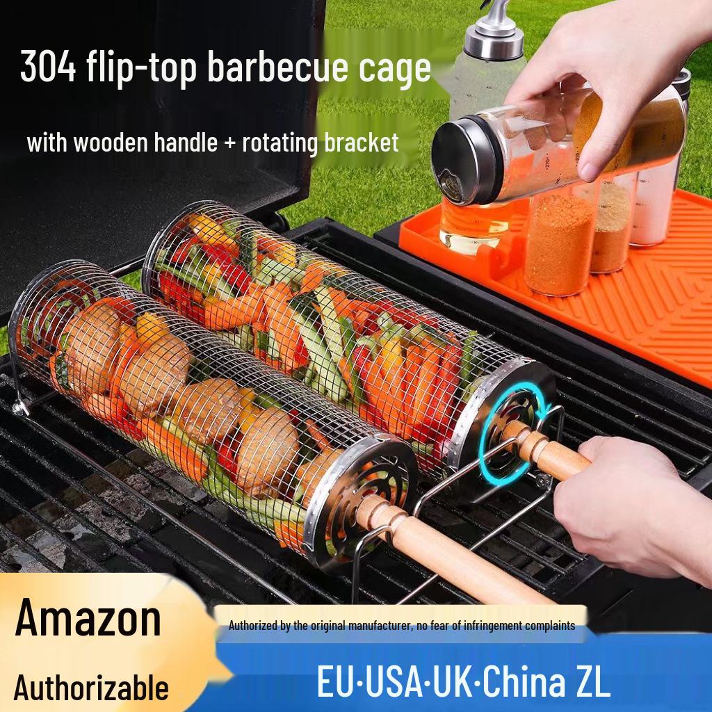 Stainless Steel Outdoor BBQ Grill Basket Cylinder - Portable Rolling Barbecue Cage Net