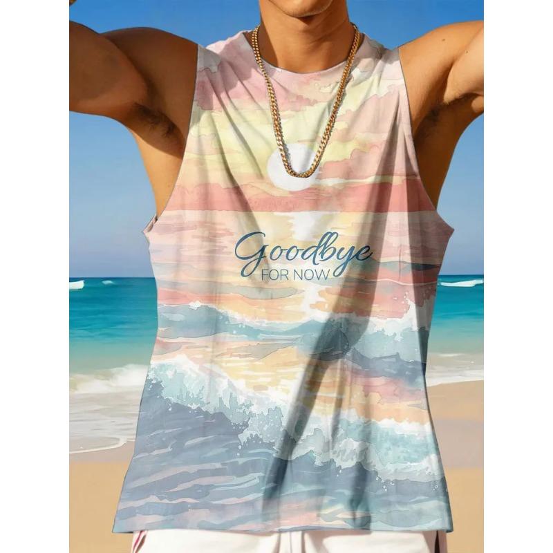 Summer Round Neck 3D Palm Leaf Printed Top Fashionable Casual Hawaiian Beach Sleeveless Vest Men's T-shirts
