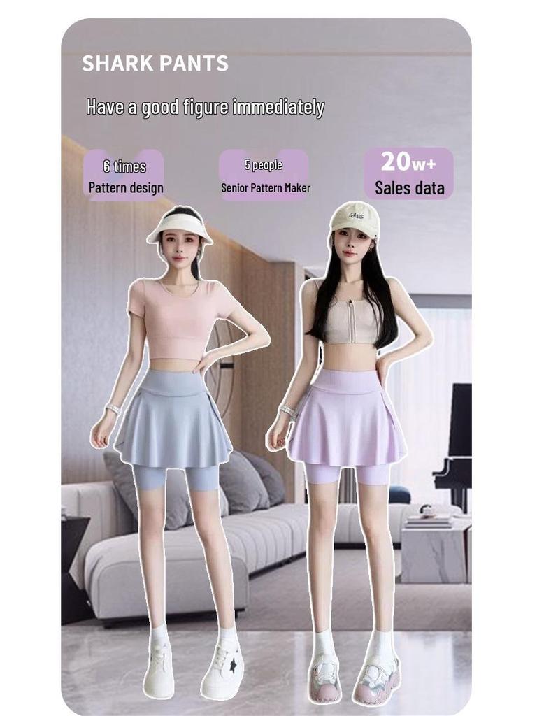 Women's Two-Piece Leggings with High-Waisted Skirt - Anti-Exposure, Color Block Yoga Shark Design