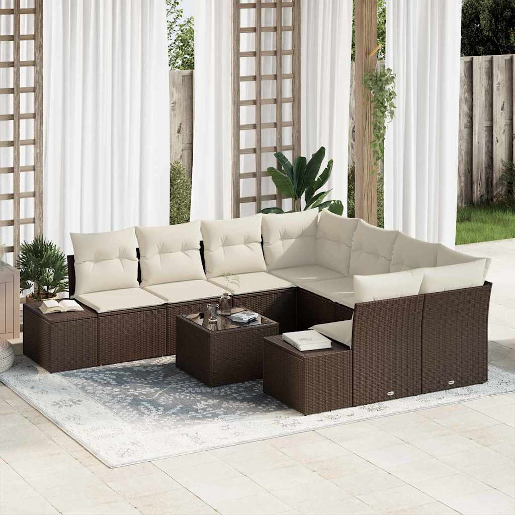 9 Piece Brown Poly Rattan Sofa Set with Cushions