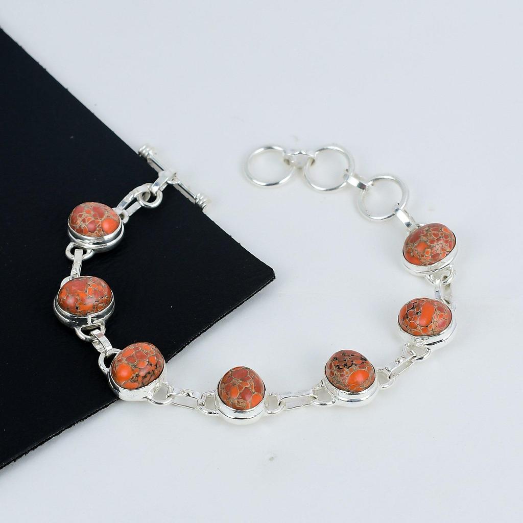 Natural Orange Turquoise Gemstone Handmade 925 Sterling Silver Bracelet, Orange Turquoise Bracelet For Wife , Unisex Bracelet Gift For Love