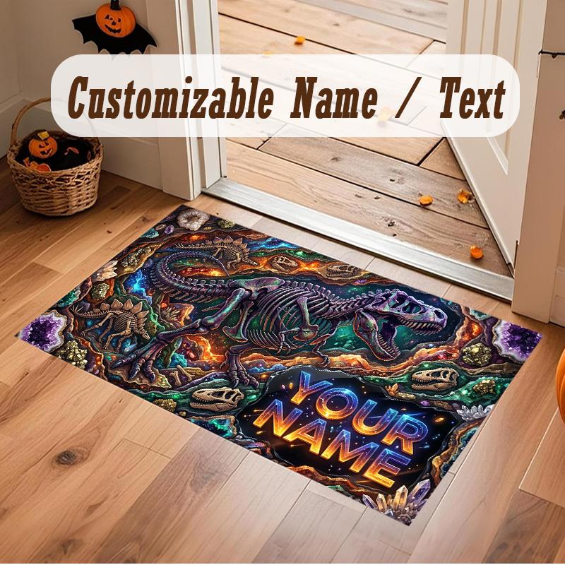 Dinosaur Theme Soft Crystal Velvet Rug Custom Name & Text Print Non Slip Floor Rug for Bedroom Living Room