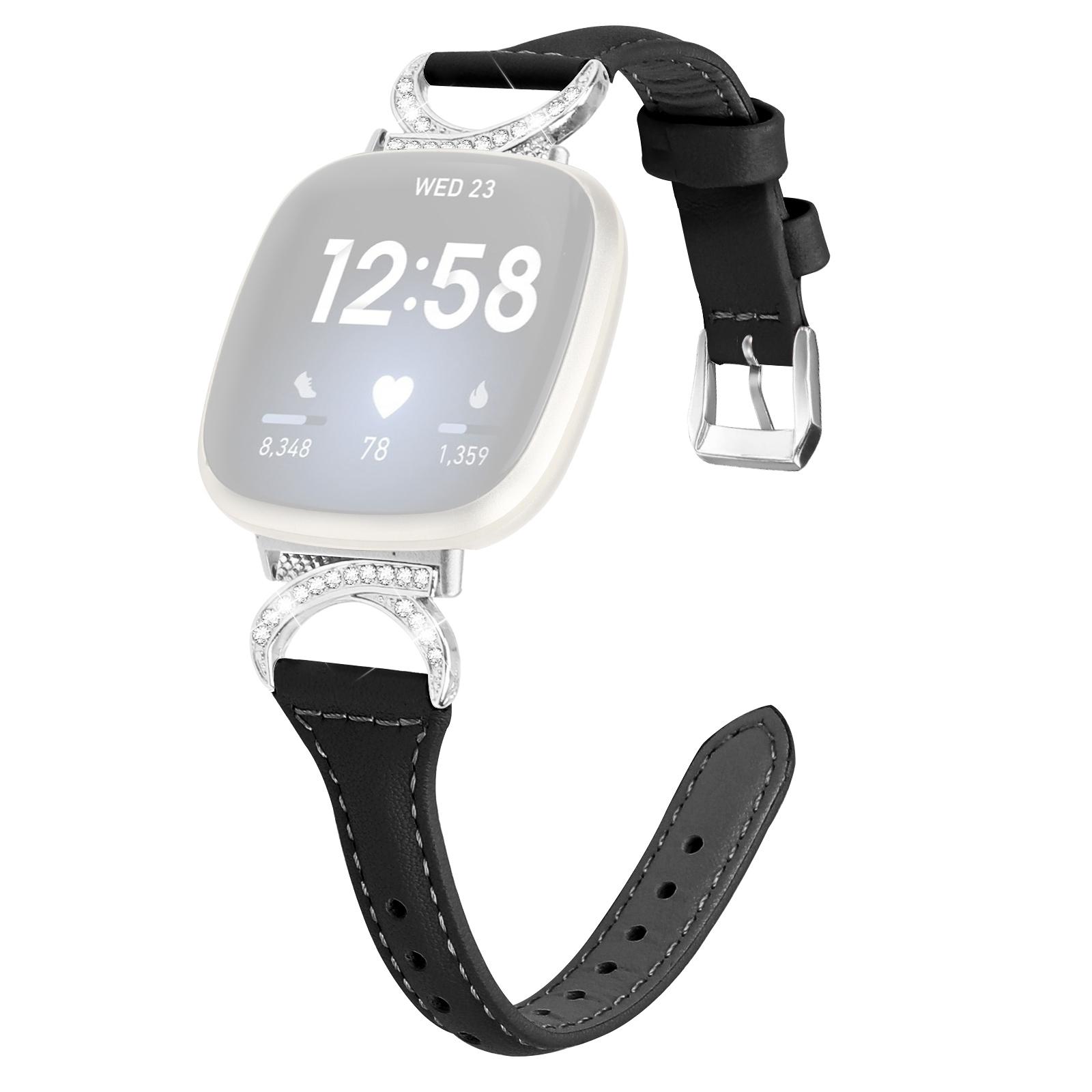 

For Fitbit Versa 3/Versa 4/Sense/Sense 2 Watch Band Rhinestone Genuine Cowhide Leather Strap with Silver Buckle Black