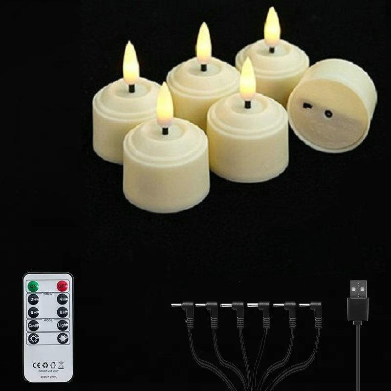6 In1 USB Rechargeable Tealight Remote Control w/Timer Led Flameless Candles 3D Wick Flickering Halloween Wedding Votive Candle