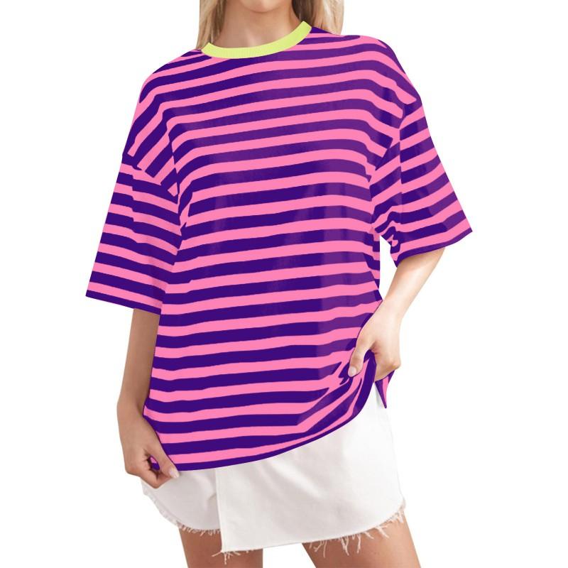 Casual Striped Round Neck Short Sleeve T-Shirt Women Men Comfortable Milk Silk Blend Loose Fit Home Wear