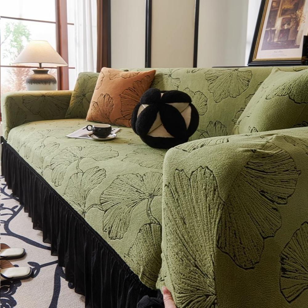 Jacquard Sofa Cover with Skirt Universal Full Coverage Stretch Slip Proof Fabric Couch Dust Protector