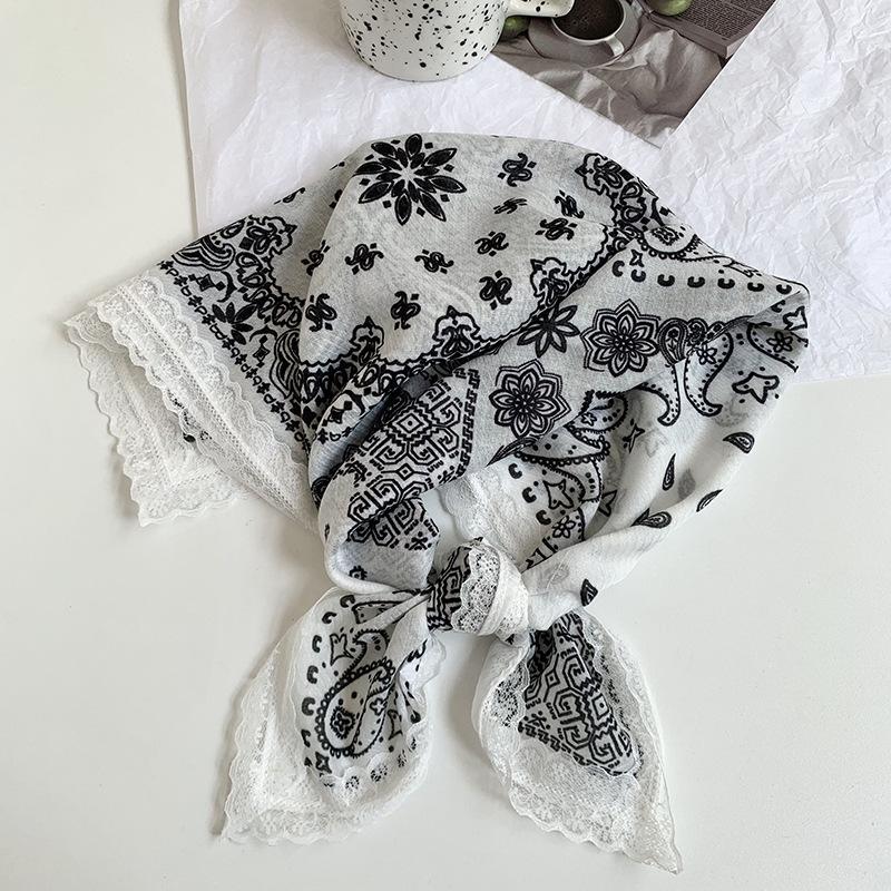 Silk Scarf Neck Small Square Scarf Lace Striped Cashew Nut Silk Scarf Spring and Summer Light Headscarf Headband Decorative Scarf