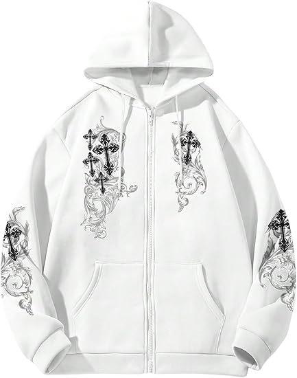 Hot-selling Street-style Cross Print Hooded Sweatshirt for Men, American High Street Zip-up Cardigan