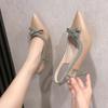French Elegant Bow High Heels Women's Plaid Embossed Thin Heel Pointed Light Mouth Single Shoes Sandals