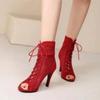 New High Quality Jazz Dance Shoes for Women's Sexy Red  Heels Ankle Boots Peep Toe Zipper Indoor Dancing  Sandals
