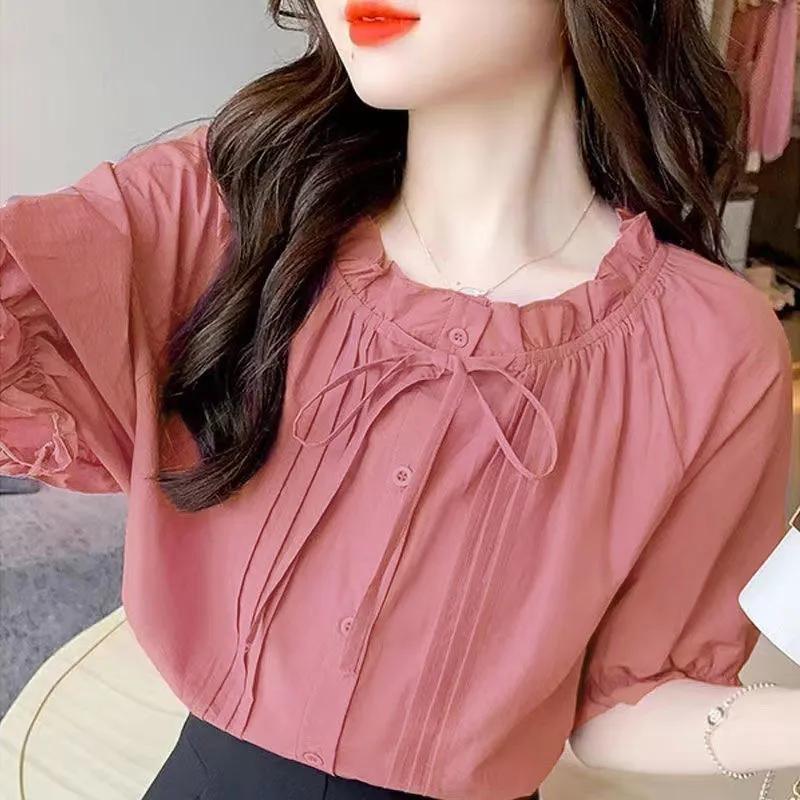 Summer Women Ruffle Neck Tie Front Button Down Short Sleeve Blouse