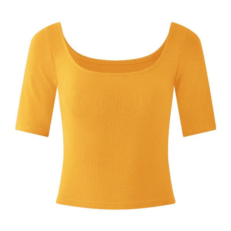 

Yellow U-neck short-sleeved front shoulder T-shirt for women s summer pure desire wind tight body backless sexy versatile short medium-sleeved top S( 40-47.5kg )