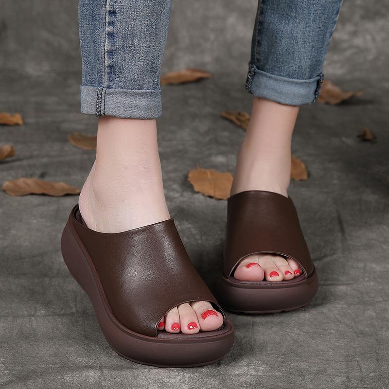 Summer wedge heel comfortable women's slippers thick-soled medium temperament outer wear leather slippers medium heel sandals