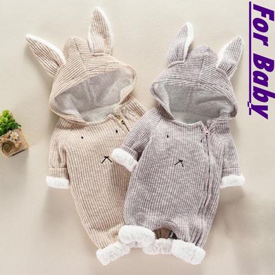 Winter Warm Newborn Baby Boys Girls Cartoon Rabbit Ear Zipper Hooded Romper Jumpsuit Outfits