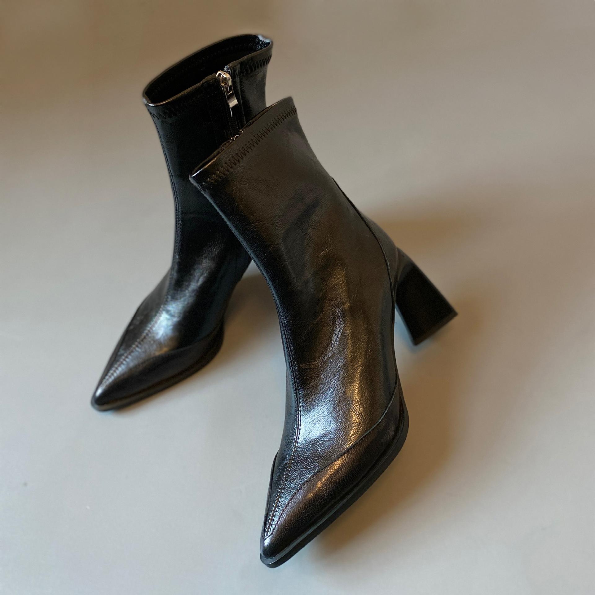 Pointed soft leather thin boots high