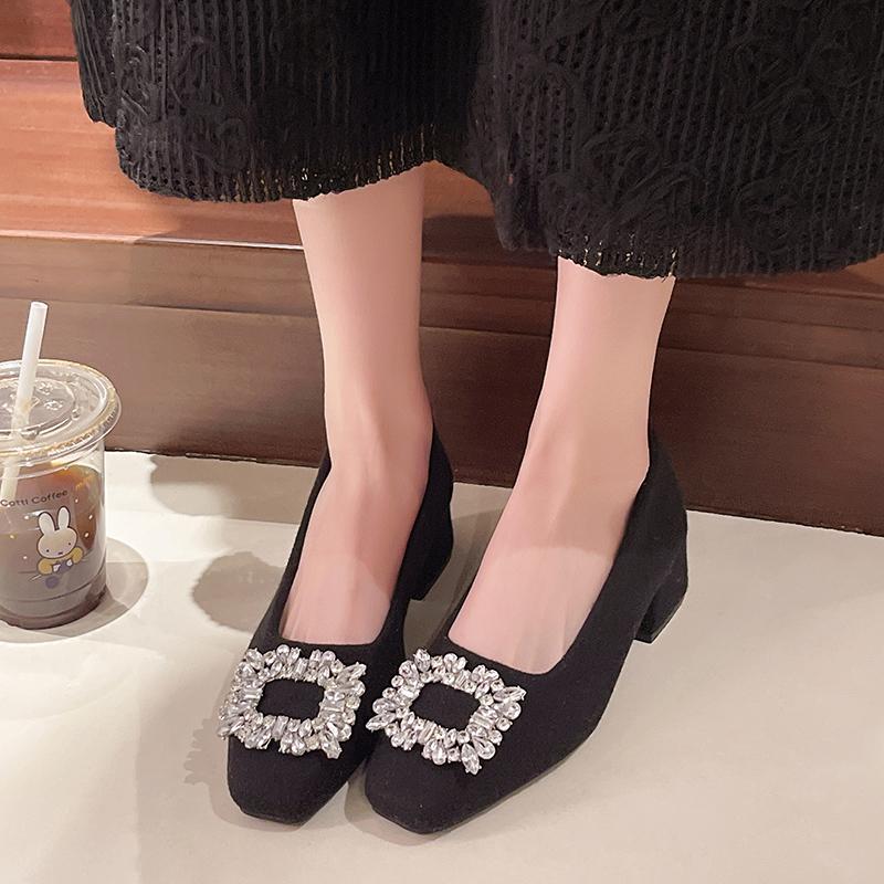 Block Heel Single Shoes Women's Square Toe Suede Crystal Buckle Anti-slip Wear-resistant Kitten Heels