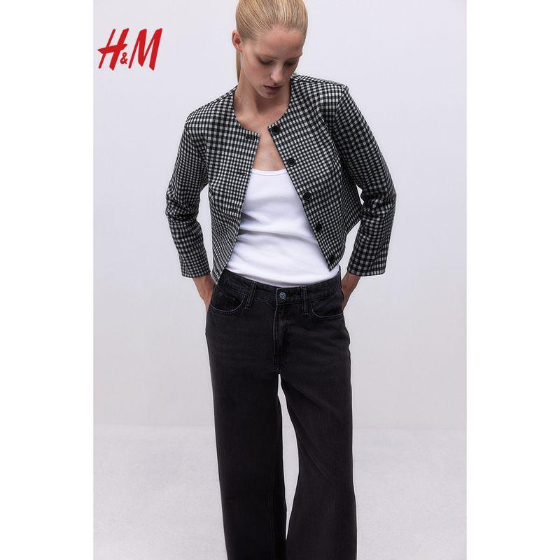 

HM Women clothes Short coat Summer Fashion round Neck Loose Commuter Single Breasted Cardigan 1262045 Black/Plaid 170/116(XL)