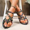 Fashion Floral Printing Flat Sandals for Women Summer 2025 New Lightweight Slip On Beach Shoes Woman Braided Band Bohemian Sandals
