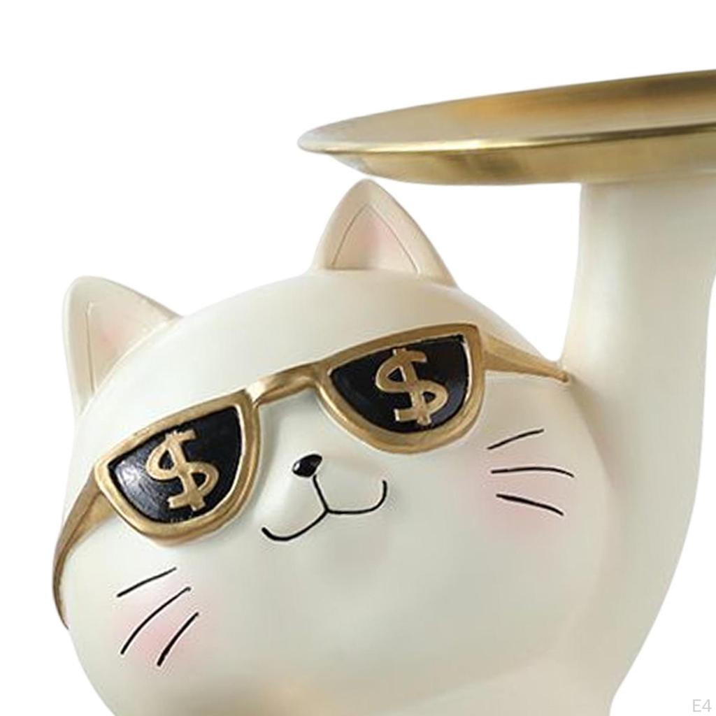 Kreative Glückskatzen-Statue mit Tablett Schlüsselhalter Harz-Kätzchen-Figur Ornament Schreibtisch-Organizer für