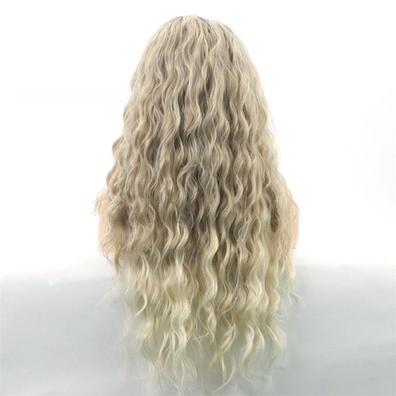 Long Curly Blonde Wigs for Women Synthetic Ombre Wig with Bangs Costume Wig for Girls Sexy Blond Wigs with Black Roots