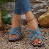 Fashion Elegant Round Toe Cross Tie Straps Slippers Women 2025 Summer Square High Heels Shoes Women Vintage Blue Daily Shoes