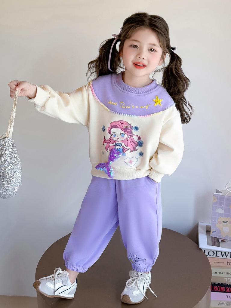 Wiosenny Zestaw Bluza Syrenka dla Dziewczynek - Casualowa Dwuczęściowa Odzież Sportowa dla Małych Dziewczynek
