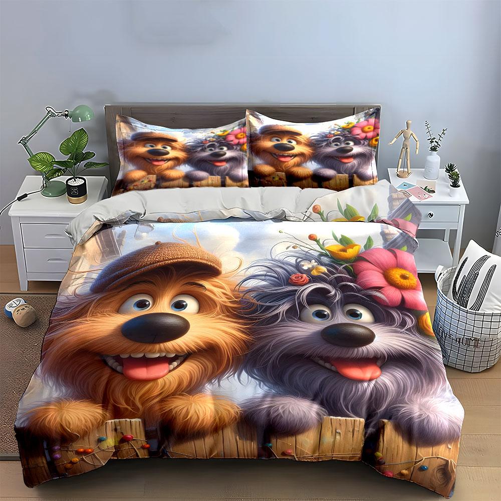 Happy Cartoon Dogs with Flowers Bedding Duvet Cover Set (1*Duvet Cover 2*Pillowcases, without duvet insert)