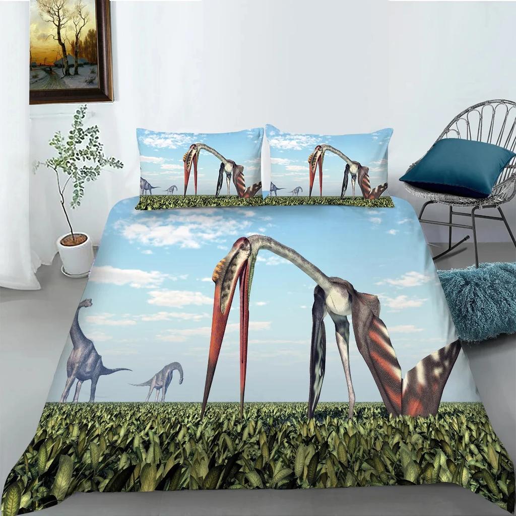 Jurasic Dinosaur Soft Duvet Cover Set for Young Boys King/Quen Sized Dimensions Polyester Beding Set Big Stegosaurus Brontosaurus Pterosaur