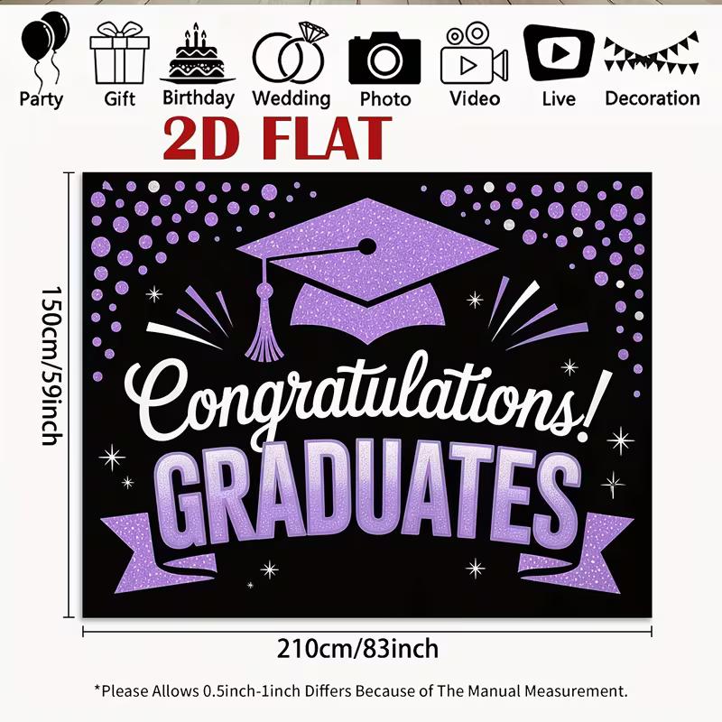 2D Congratulations Graduates Backdrop Purple Glitter Cap Confetti Graduation Photo Banner
